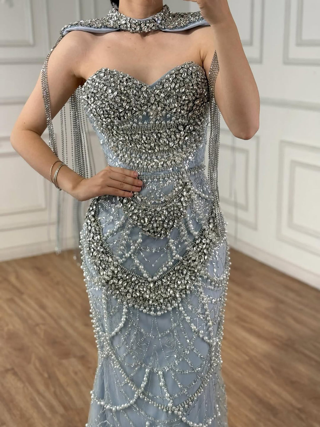 Kosovo Luxury Beaded Pearls Tassels Nude Evening Dress With Short Cape CLA72876