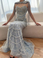 Kosovo Luxury Beaded Pearls Tassels Nude Evening Dress With Short Cape CLA72876