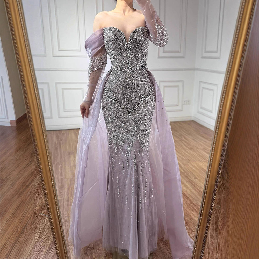 Luxury Nude Beaded Mermaid Evening Dress With Overskirt LA72879