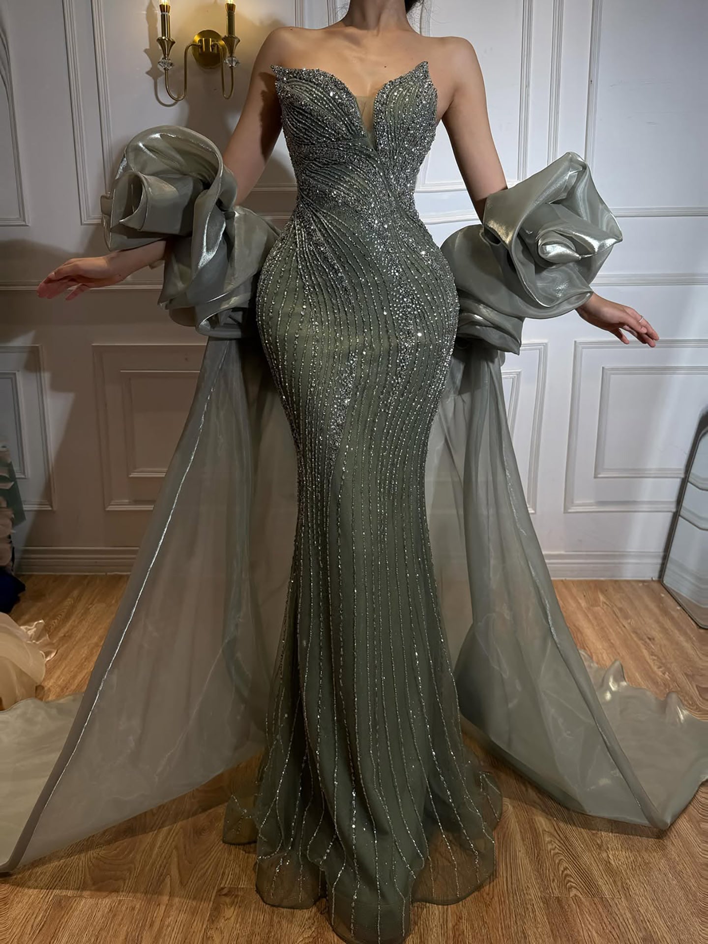 Kosovo Luxury Beaded Mermaid With Overskirt Strapless Evening Dress CLA72896