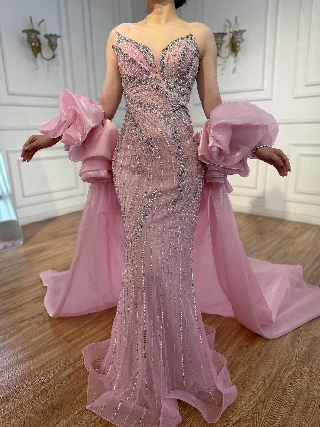 Kosovo Luxury Beaded Mermaid With Overskirt Strapless Evening Dress CLA72896