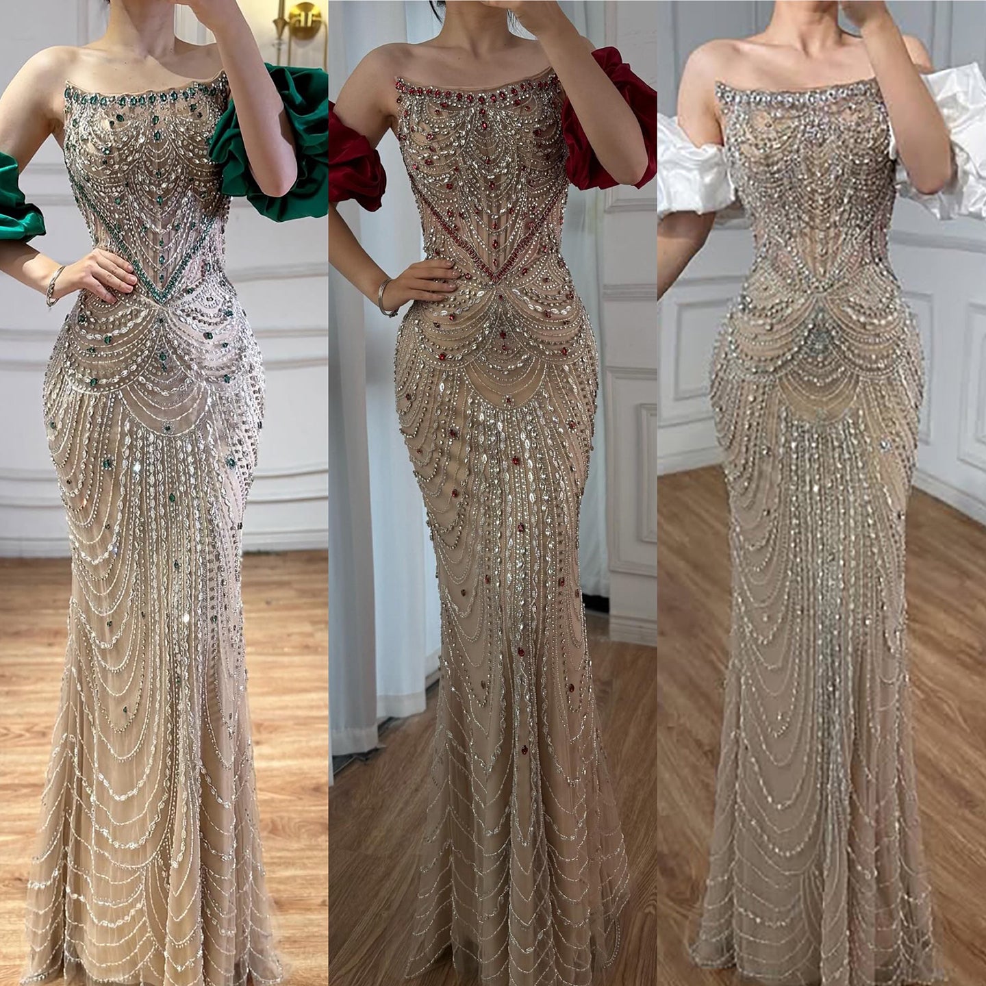 Luxury Beaded Evening Dress Puff Sleeves Pearl Adorned CLA72903