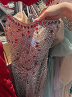Luxury Red Crystal Beaded Mermaid Dress with Detachable Cape CLA72903A