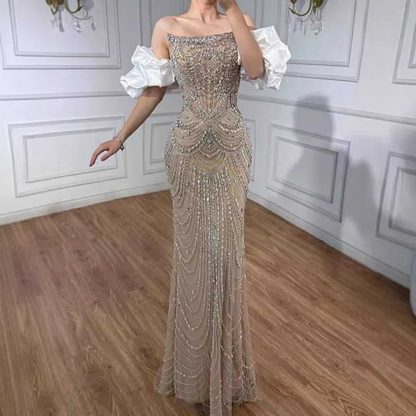 Luxury Beaded Evening Dress Puff Sleeves Pearl Adorned CLA72903