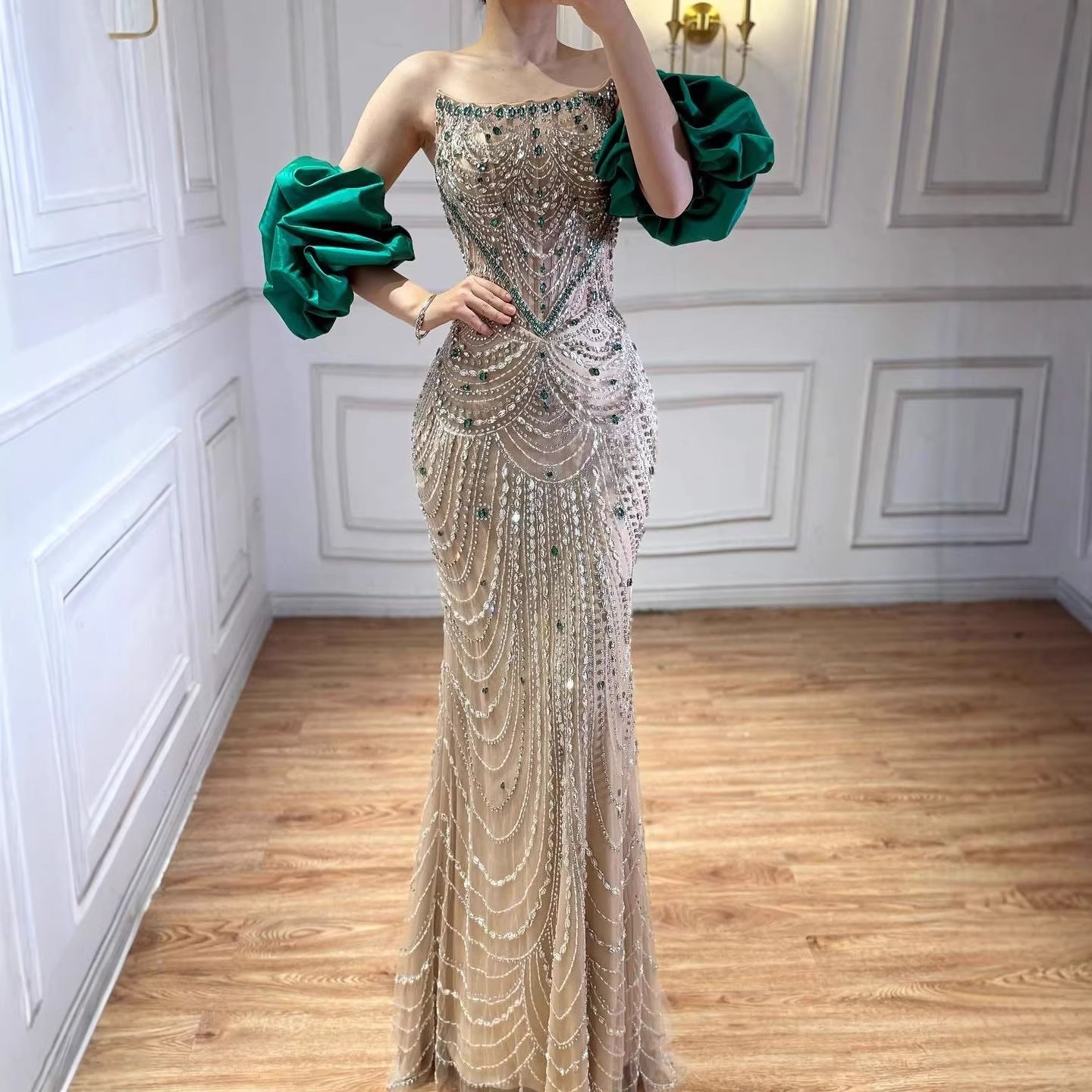 Luxury Beaded Evening Dress Puff Sleeves Pearl Adorned CLA72903