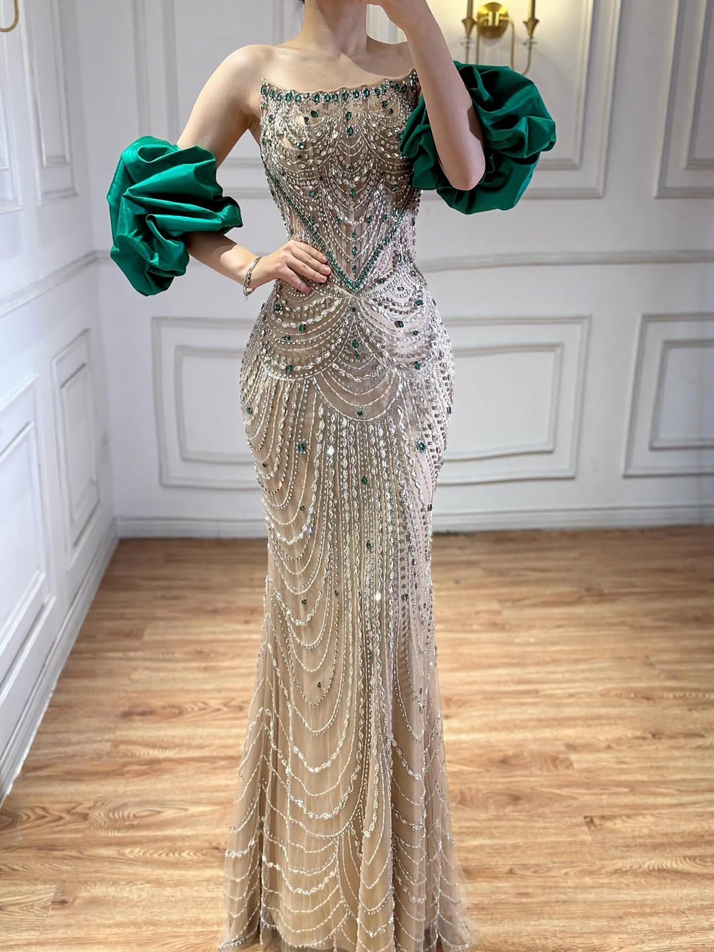 Luxury Beaded Evening Dress Puff Sleeves Pearl Adorned CLA72903