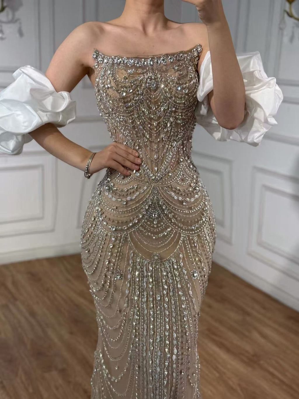Luxury Beaded Evening Dress Puff Sleeves Pearl Adorned CLA72903