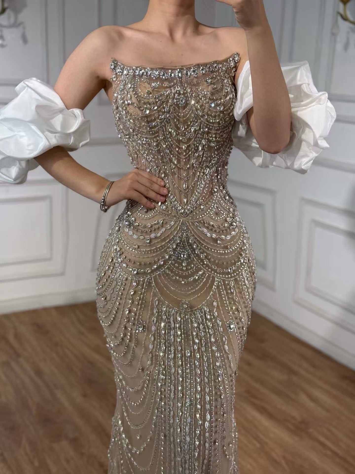Luxury Beaded Evening Dress Puff Sleeves Pearl Adorned CLA72903