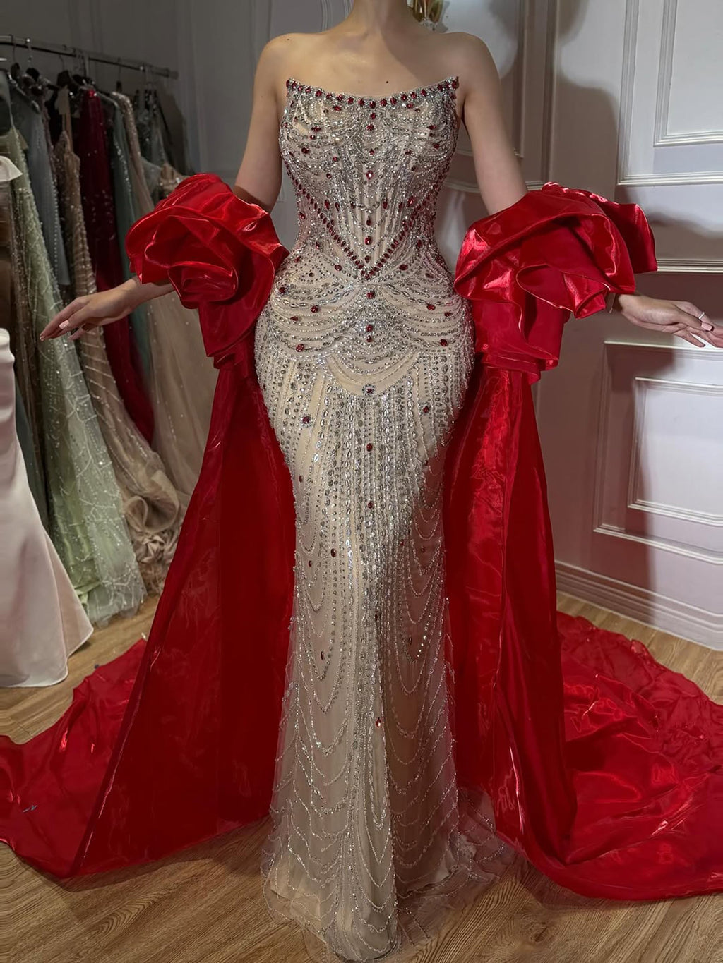 Luxury Red Crystal Beaded Mermaid Dress with Detachable Cape CLA72903A