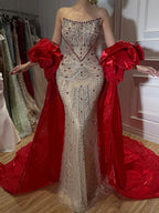 Luxury Red Crystal Beaded Mermaid Dress with Detachable Cape CLA72903A