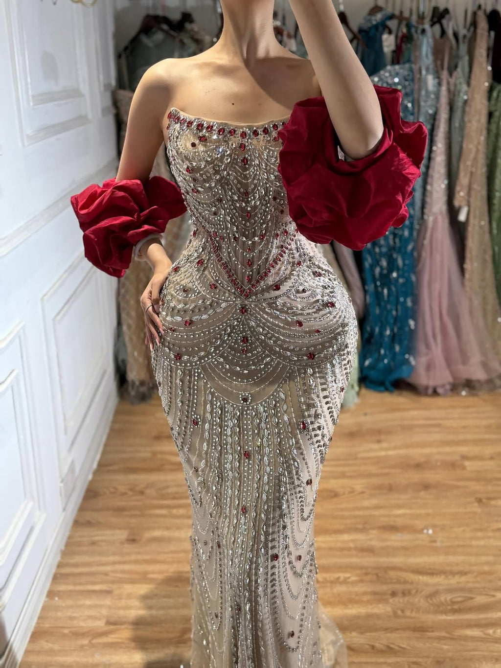 Luxury Red Crystal Beaded Mermaid Dress with Detachable Cape CLA72903A