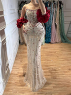 Luxury Red Crystal Beaded Mermaid Dress with Detachable Cape CLA72903A