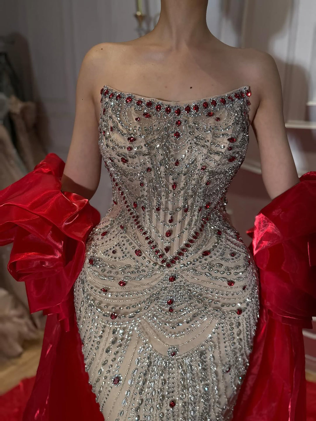 Luxury Red Crystal Beaded Mermaid Dress with Detachable Cape CLA72903A