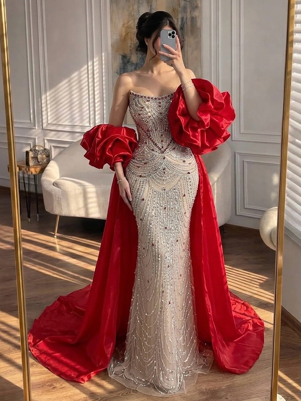 Luxury Red Crystal Beaded Mermaid Dress with Detachable Cape CLA72903A