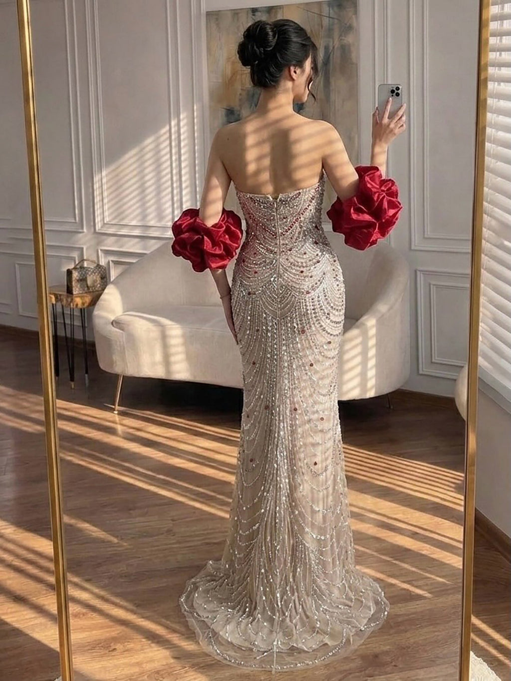 Luxury Red Crystal Beaded Mermaid Dress with Detachable Cape CLA72903A