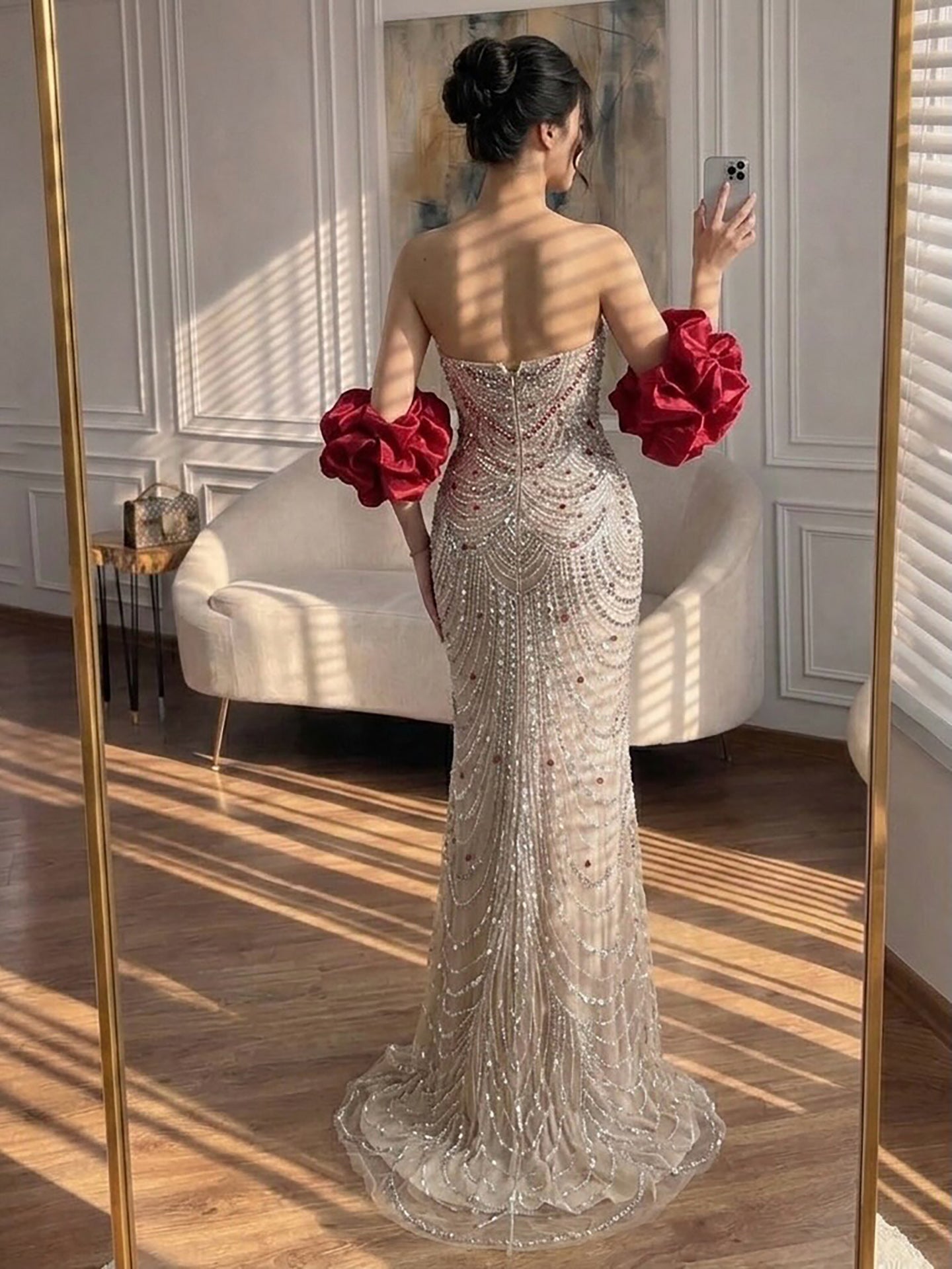 Luxury Red Crystal Beaded Mermaid Dress with Detachable Cape CLA72903A