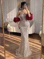 Luxury Red Crystal Beaded Mermaid Dress with Detachable Cape CLA72903A