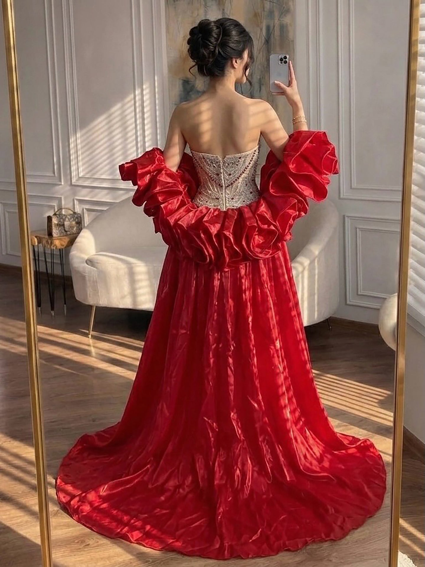 Luxury Red Crystal Beaded Mermaid Dress with Detachable Cape CLA72903A