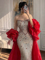 Luxury Red Crystal Beaded Mermaid Dress with Detachable Cape CLA72903A