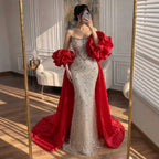 Luxury Red Crystal Beaded Mermaid Dress with Detachable Cape CLA72903A