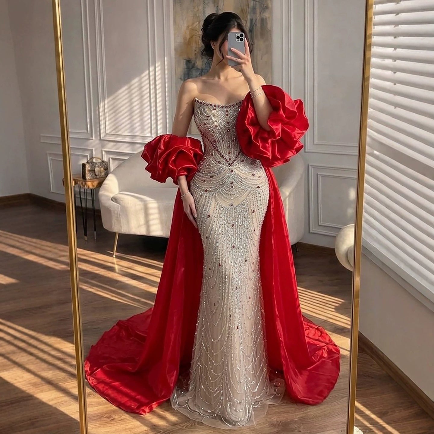 Luxury Red Crystal Beaded Mermaid Dress with Detachable Cape CLA72903A