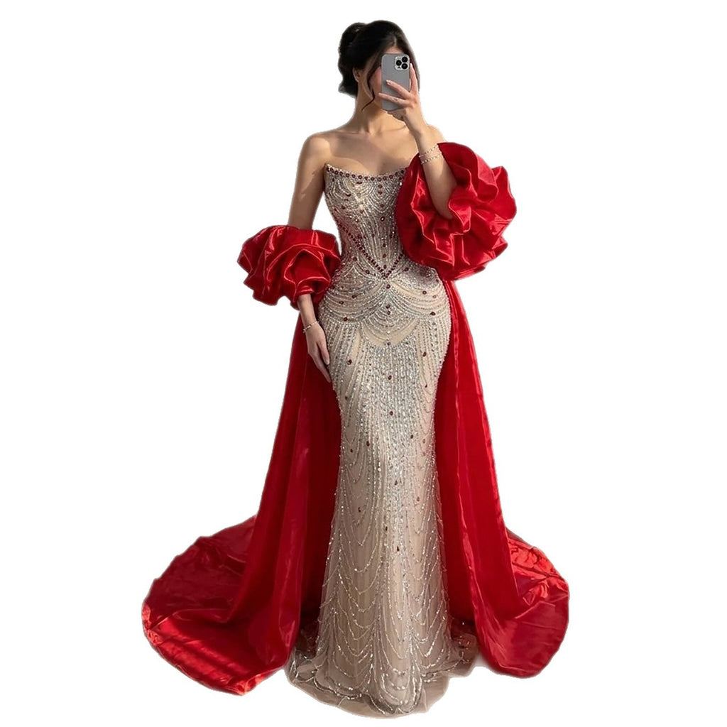 Luxury Red Crystal Beaded Mermaid Dress with Detachable Cape CLA72903A
