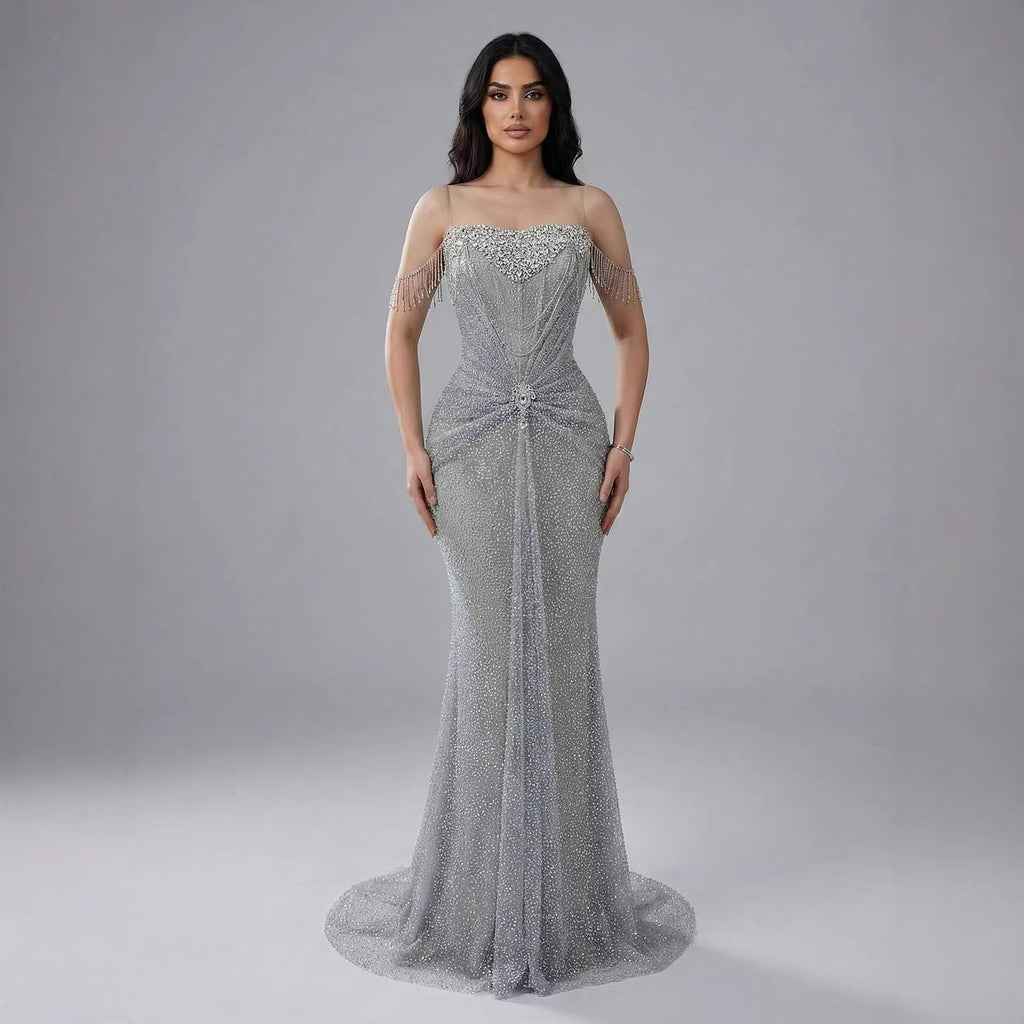 Luxury Silver Gray Beaded Crystal Strapless Evening Dress LA72905A