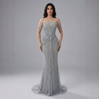 Luxury Silver Gray Beaded Crystal Strapless Evening Dress LA72905A