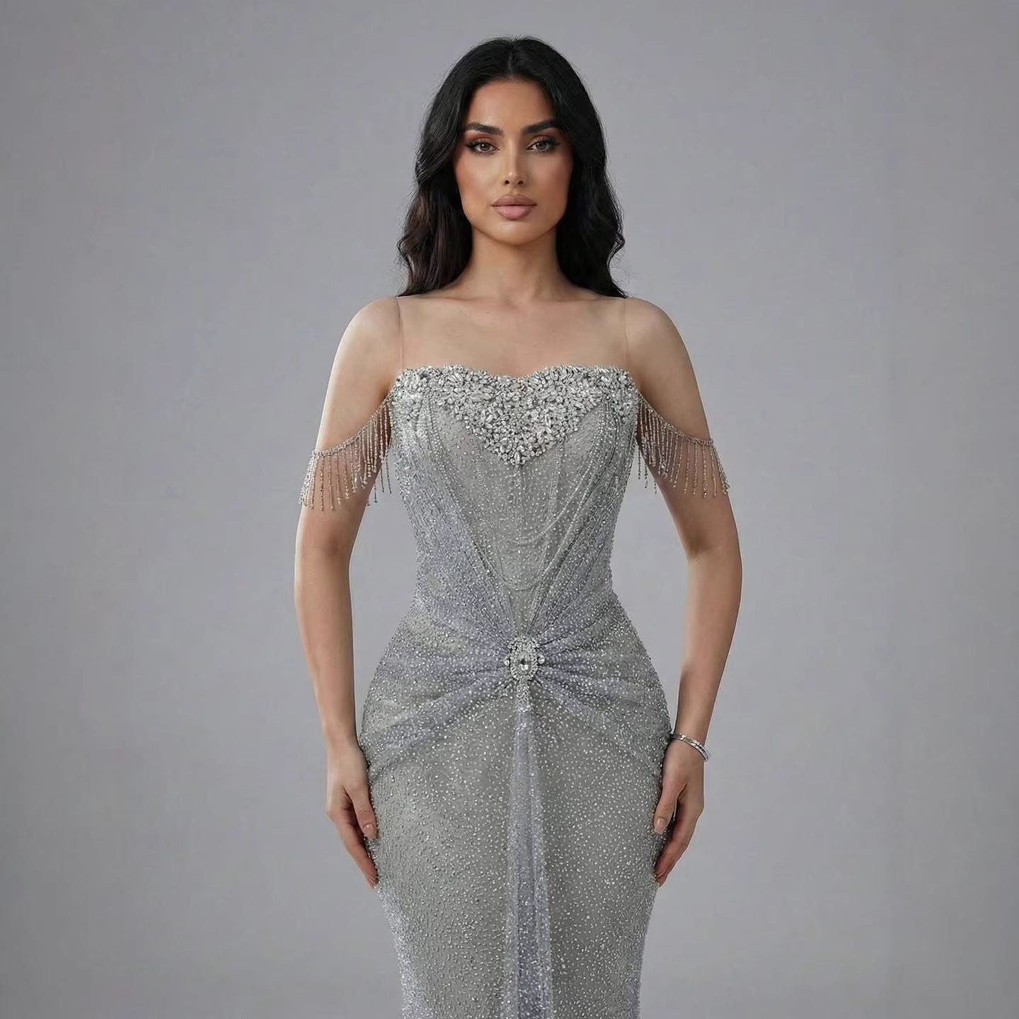 Luxury Silver Gray Beaded Crystal Strapless Evening Dress LA72905A