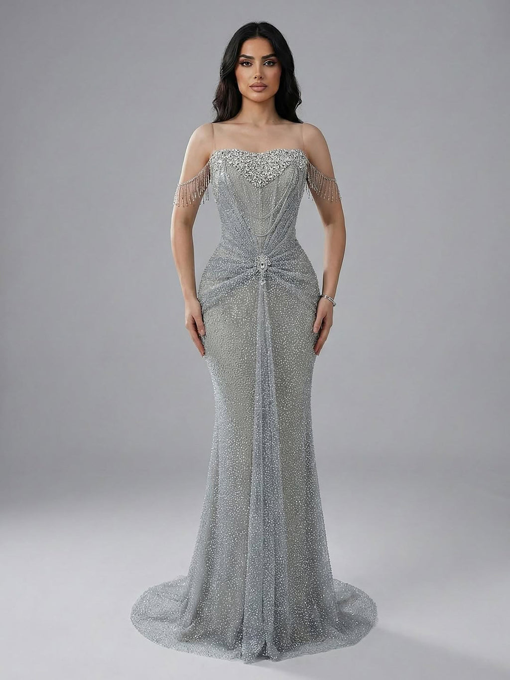 Luxury Silver Gray Beaded Crystal Strapless Evening Dress LA72905A