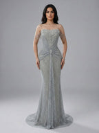 Luxury Silver Gray Beaded Crystal Strapless Evening Dress LA72905A