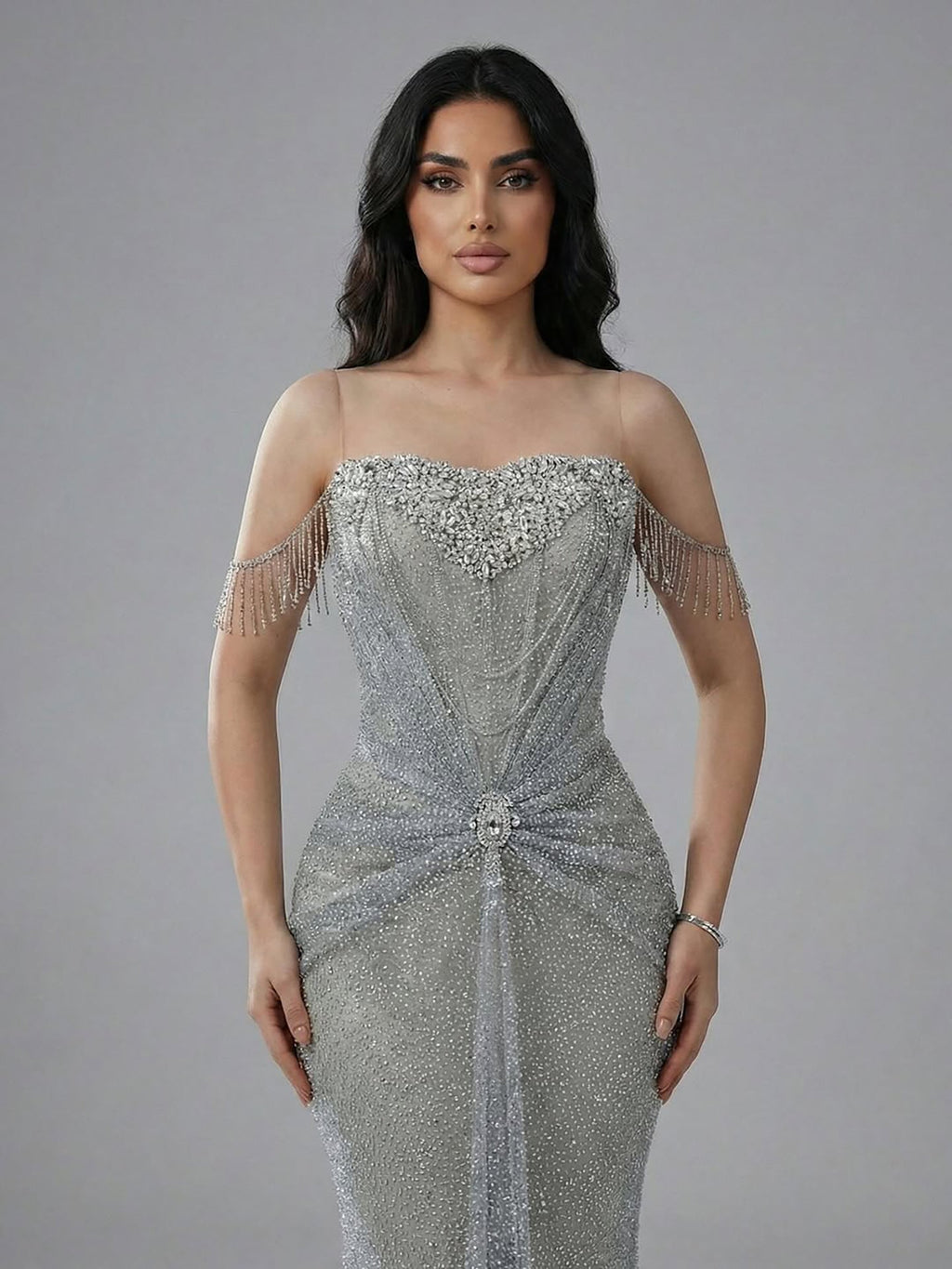 Luxury Silver Gray Beaded Crystal Strapless Evening Dress LA72905A