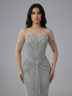 Luxury Silver Gray Beaded Crystal Strapless Evening Dress LA72905A