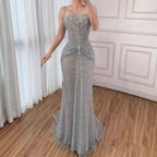 Luxury Silver Gray Beaded Crystal Strapless Evening Dress LA72905A