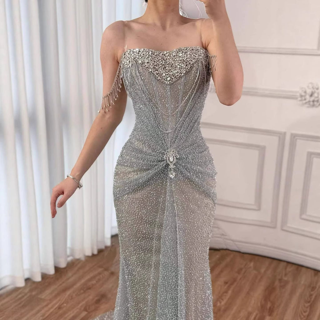 Luxury Silver Gray Beaded Crystal Strapless Evening Dress LA72905A