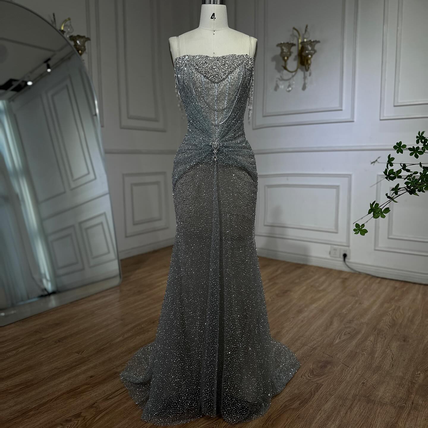 Luxury Silver Gray Beaded Crystal Strapless Evening Dress LA72905A