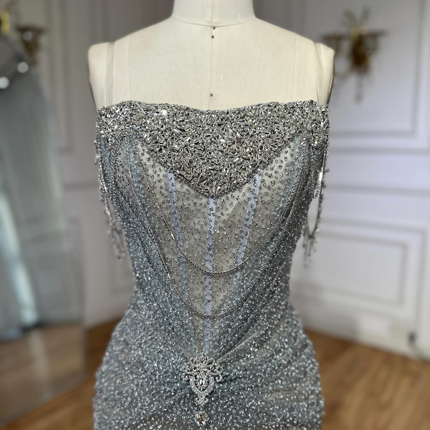 Luxury Silver Gray Beaded Crystal Strapless Evening Dress LA72905A