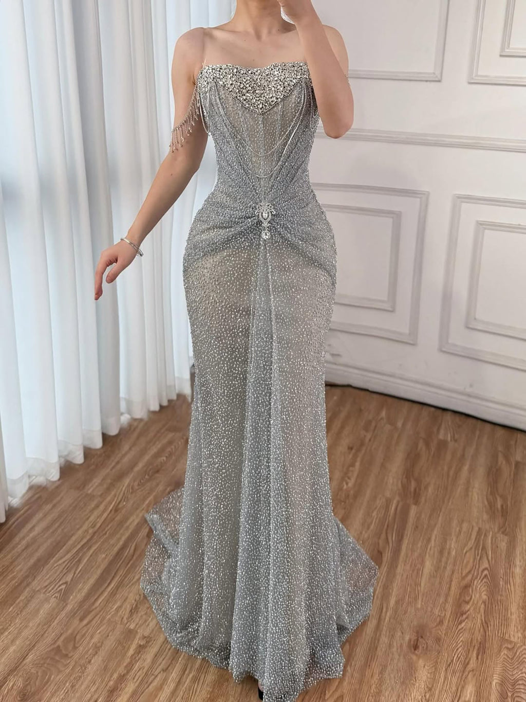 Luxury Silver Gray Beaded Crystal Strapless Evening Dress LA72905A