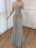 Luxury Silver Gray Beaded Crystal Strapless Evening Dress LA72905A