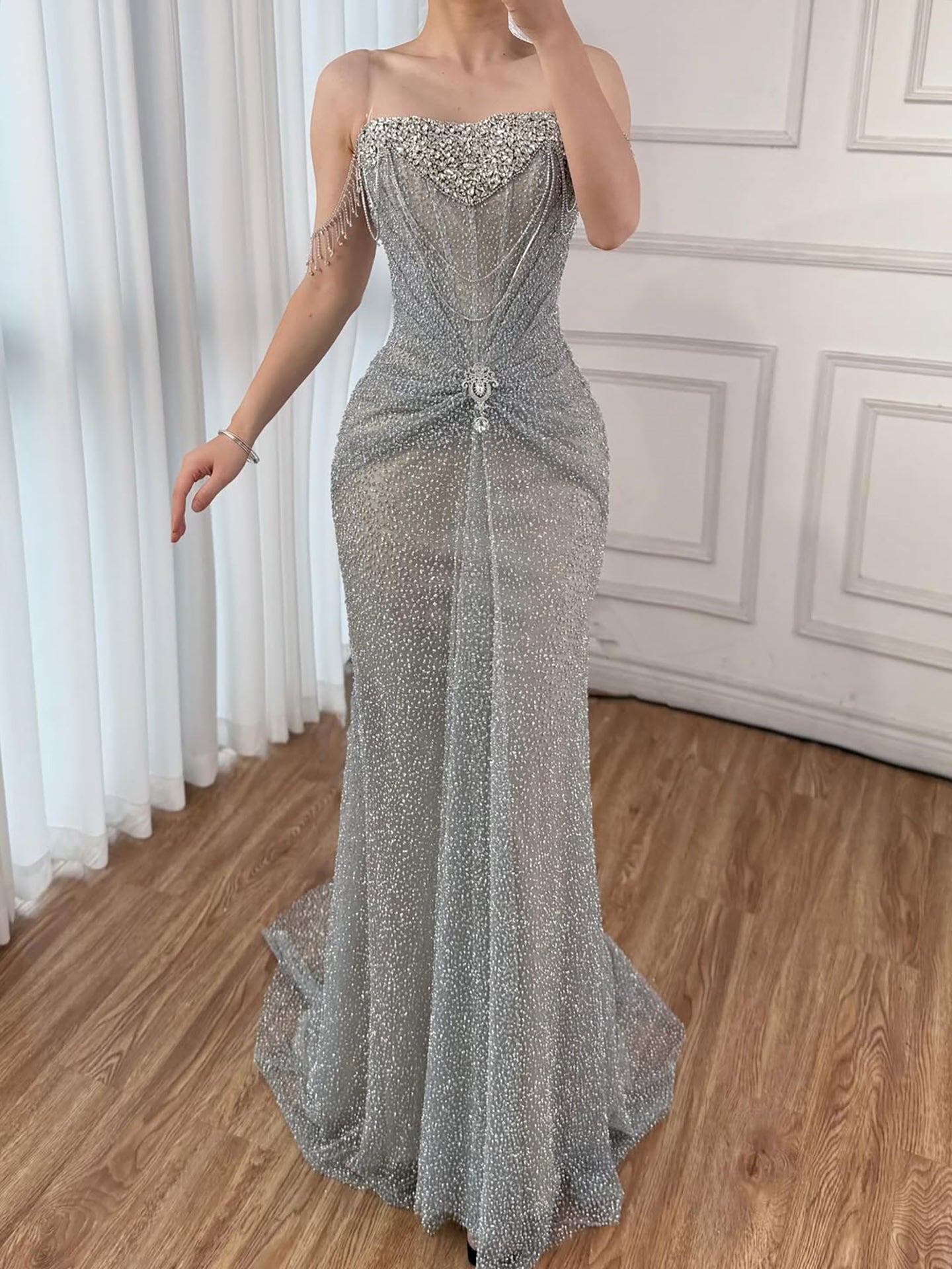 Luxury Silver Gray Beaded Crystal Strapless Evening Dress LA72905A