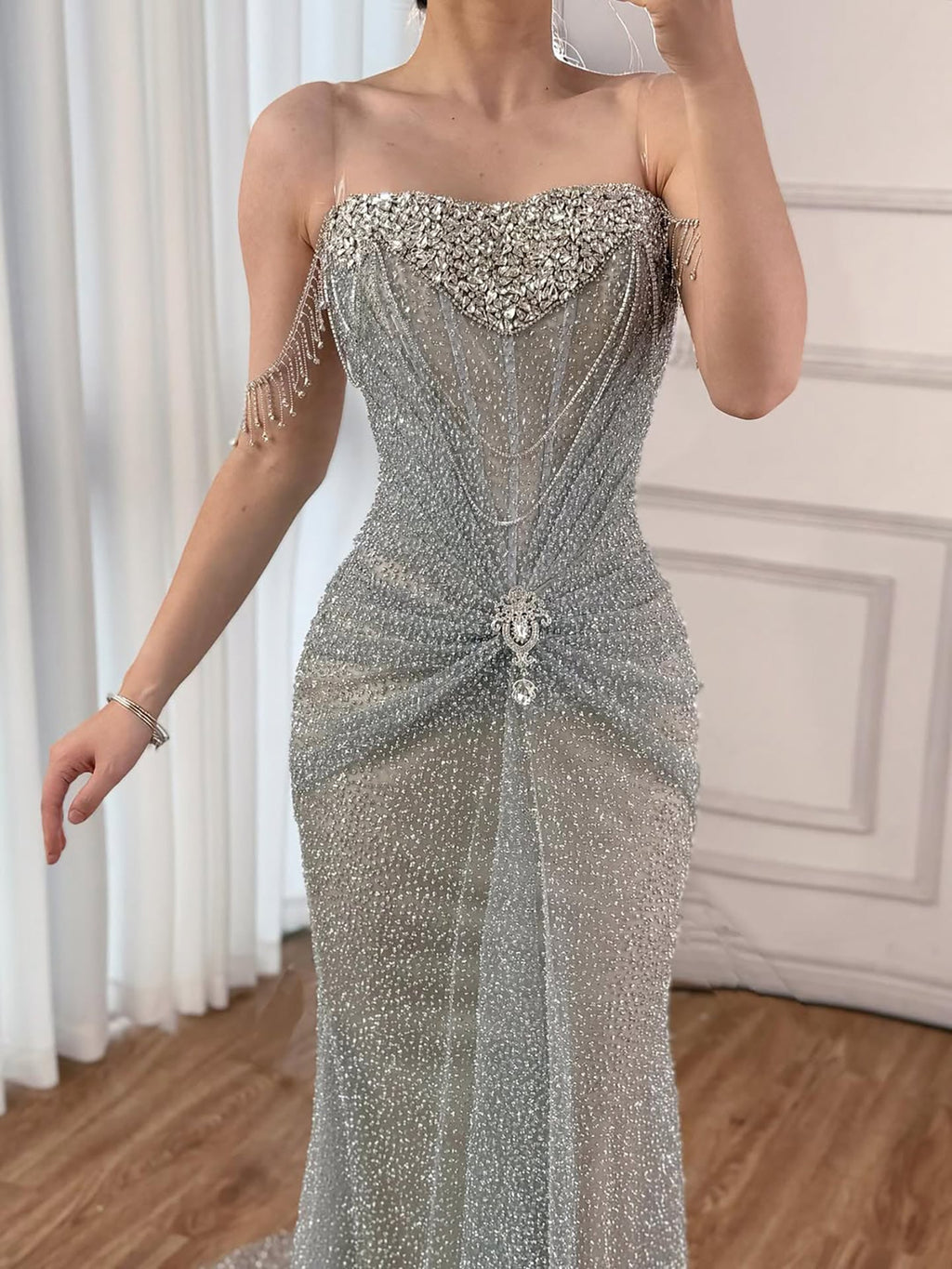 Luxury Silver Gray Beaded Crystal Strapless Evening Dress LA72905A