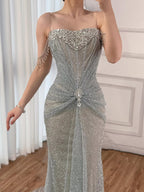 Luxury Silver Gray Beaded Crystal Strapless Evening Dress LA72905A