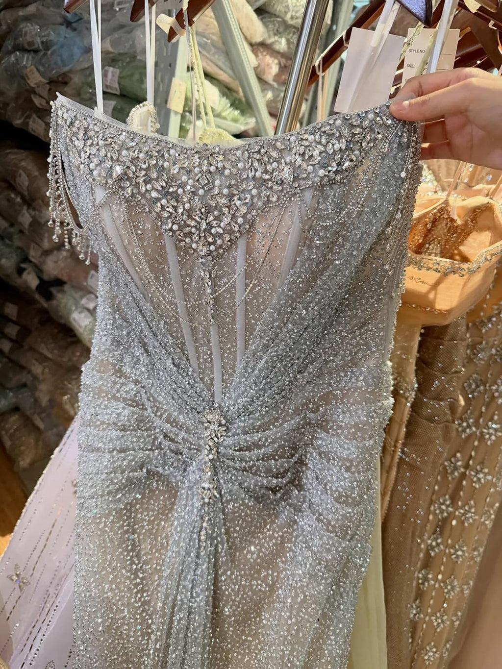 Luxury Silver Gray Beaded Crystal Strapless Evening Dress CLA72905B