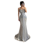 Luxury Silver Gray Beaded Crystal Strapless Evening Dress CLA72905B