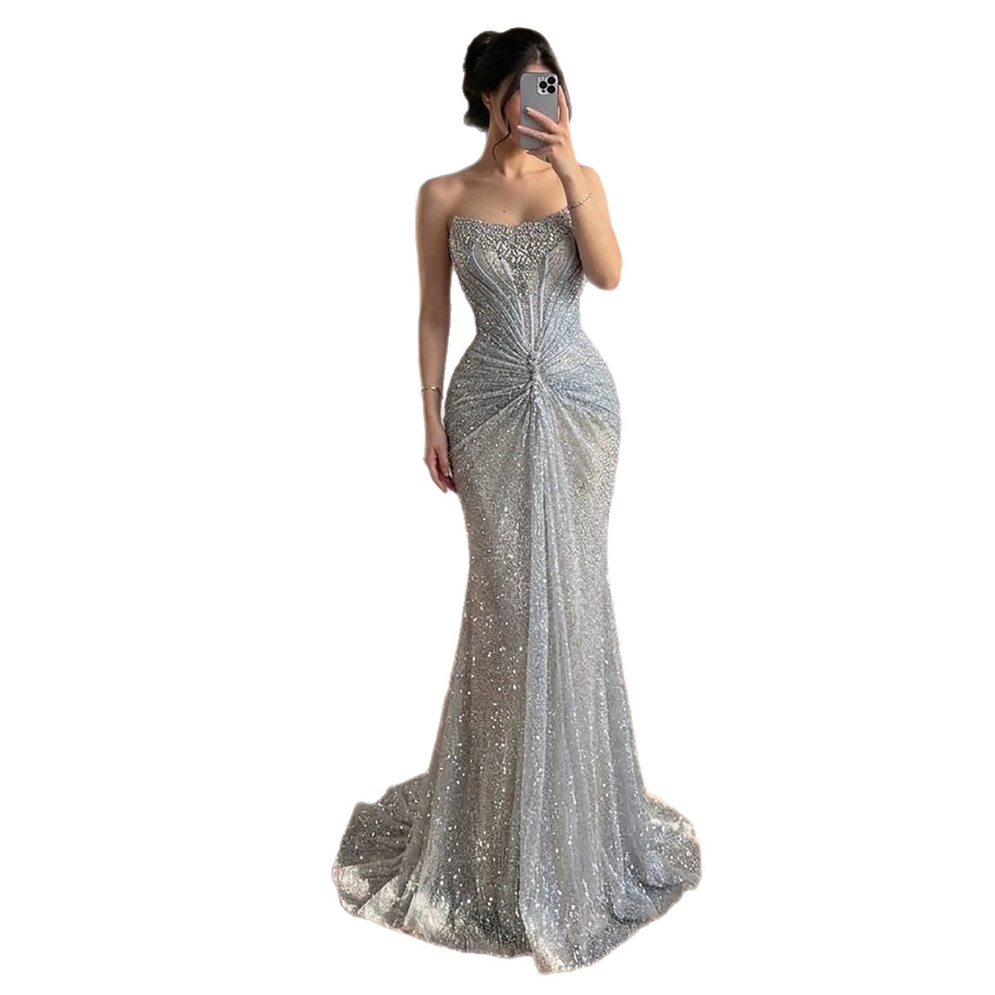 Luxury Silver Gray Beaded Crystal Strapless Evening Dress CLA72905B