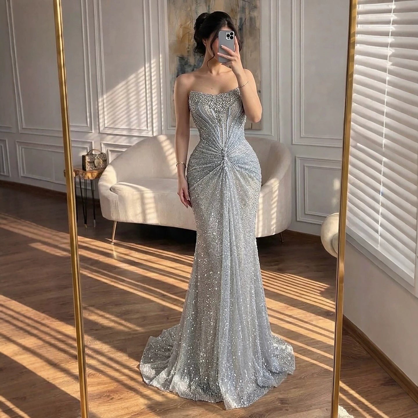 Luxury Silver Gray Beaded Crystal Strapless Evening Dress CLA72905B