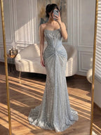 Luxury Silver Gray Beaded Crystal Strapless Evening Dress CLA72905B