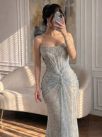 Luxury Silver Gray Beaded Crystal Strapless Evening Dress CLA72905B