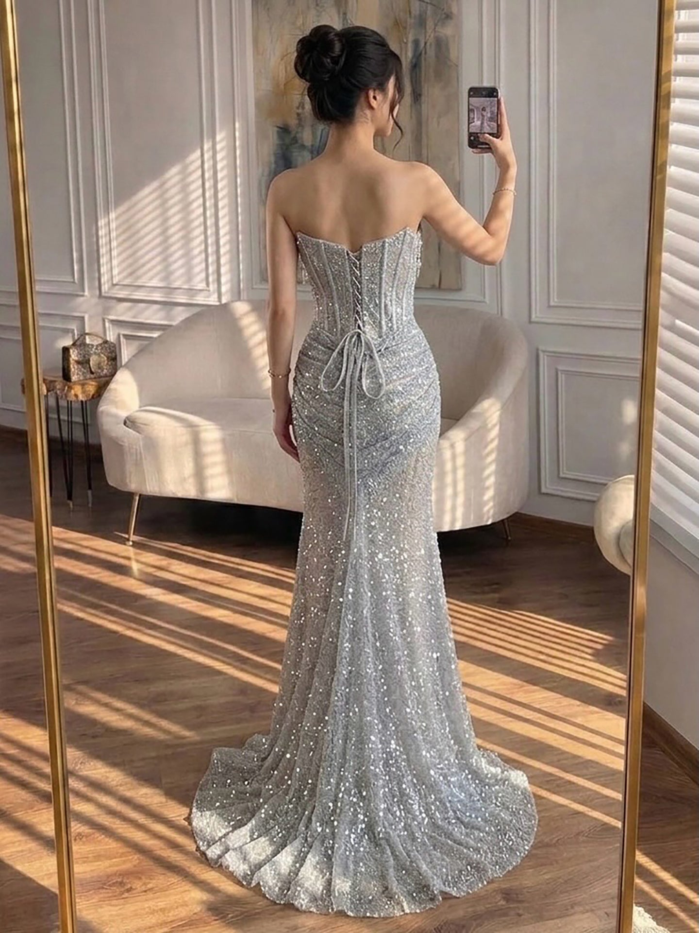 Luxury Silver Gray Beaded Crystal Strapless Evening Dress CLA72905B