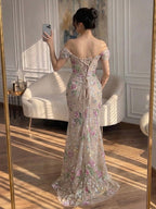 Luxury Nude Pink Floral Beaded Mermaid Dress LA72905C
